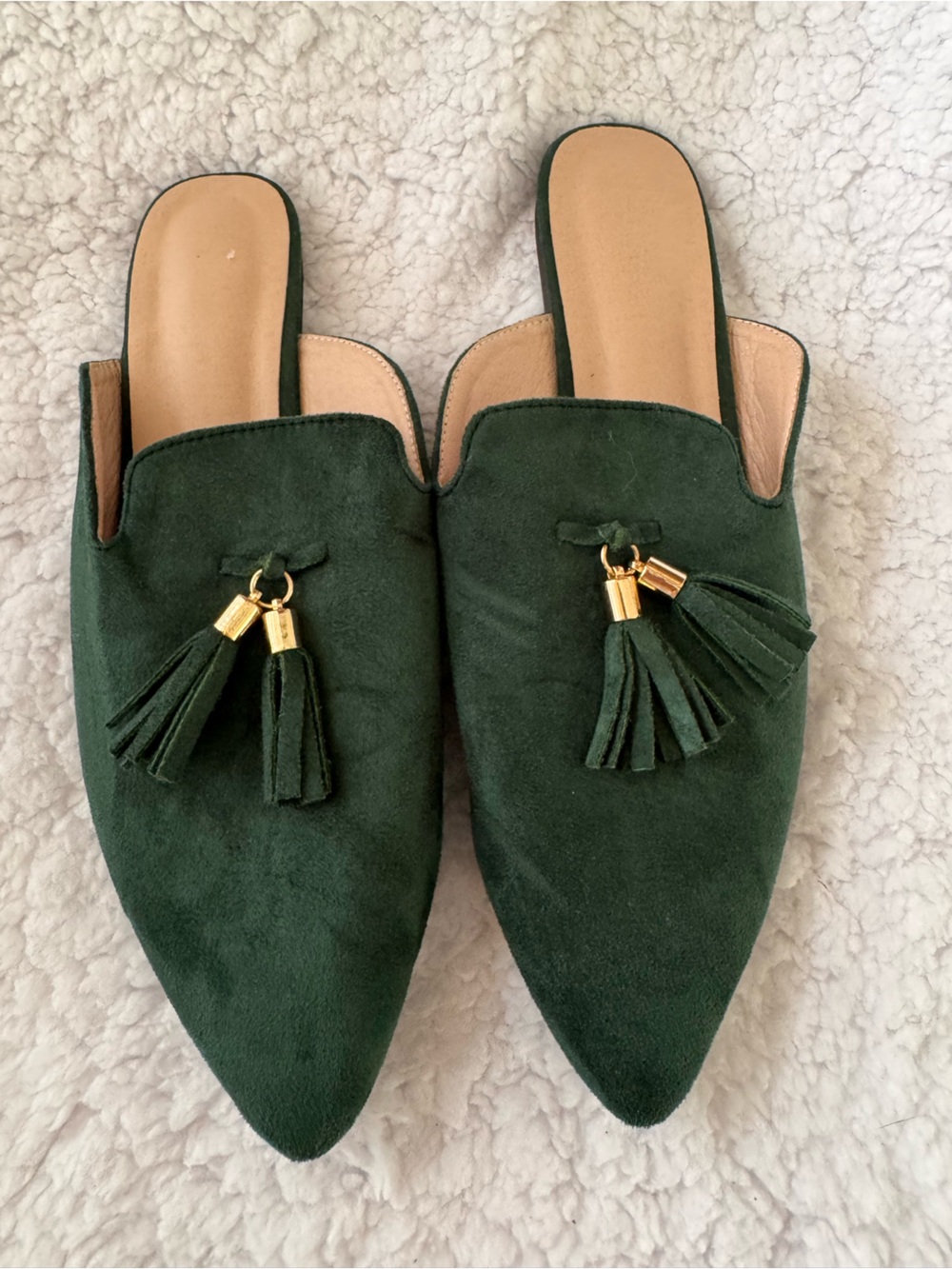 Green Suede Tassel Backless Mules